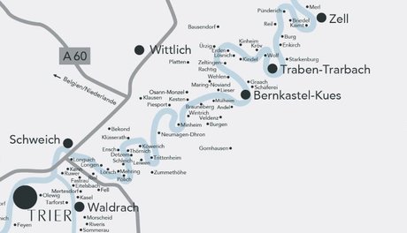Die Mittelmosel zwischen Trier und Reil mit Bernkastel-Kues und Traben-Trarbach.