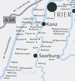 Kartenausschnitt: Südliche Weinmosel und Saar Die Südliche Weinmosel von der Grenze bis kurz vor Trier. | Die Saar von Serrig bis Konz.