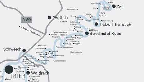 Kartenausschnitt Mittelmosel Die Mittelmosel zwischen Trier und Reil mit Bernkastel-Kues und Traben-Trarbach.