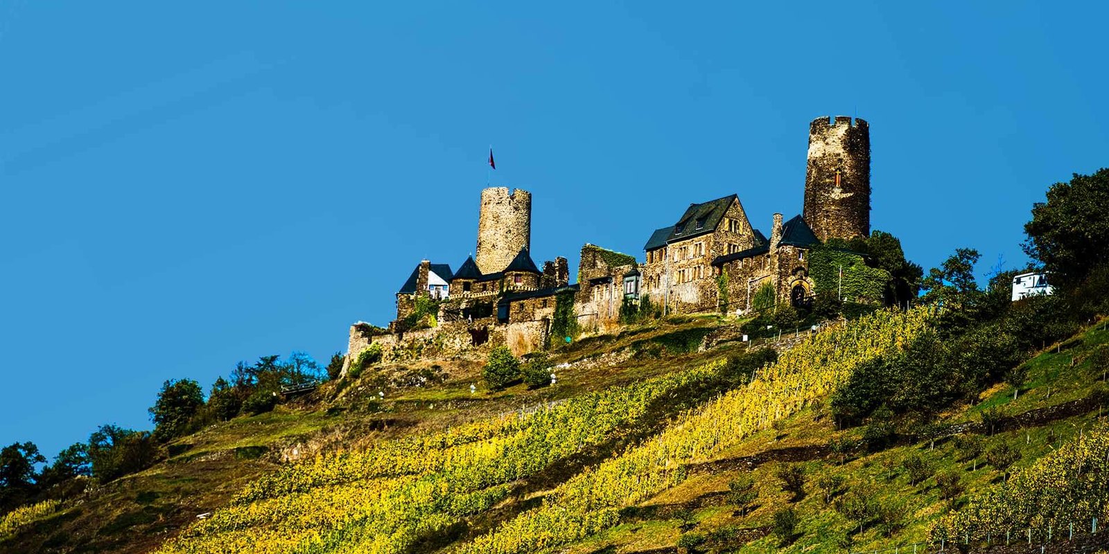 Burgruine Thurant mit 2 Bergfrieden thront auf einem Bergsporn oberhalb der herbstlichen Weinberge 